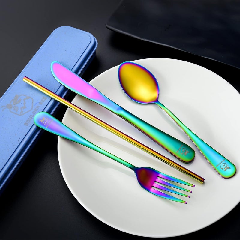 Boulder Bee | Travel Utensils Set | Reusable Camping Cutlery Set | Stainless Steel Flatware Set | Portable Silverware Set with Case | Includes Knife/Fork/Spoon/Straw/Cleaning Cloth/Case (Rainbow) - Image 2